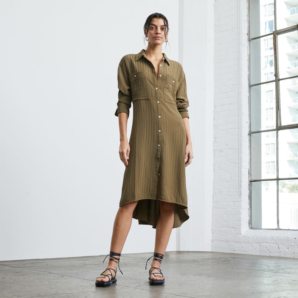 The City Stripe Draped Shirt Dress in Beech — front view