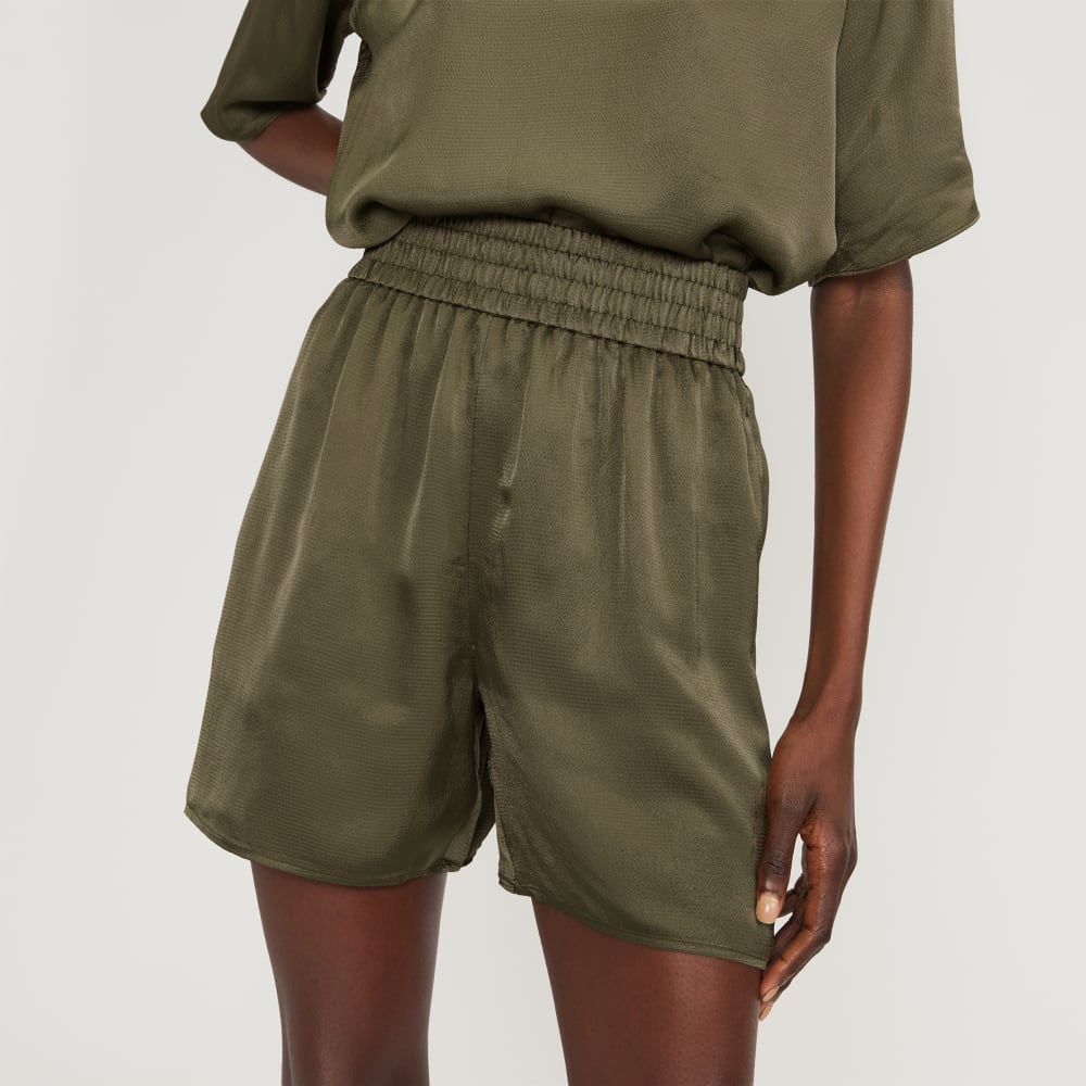 The Satin Pull-On Short in Kalamata — detail view