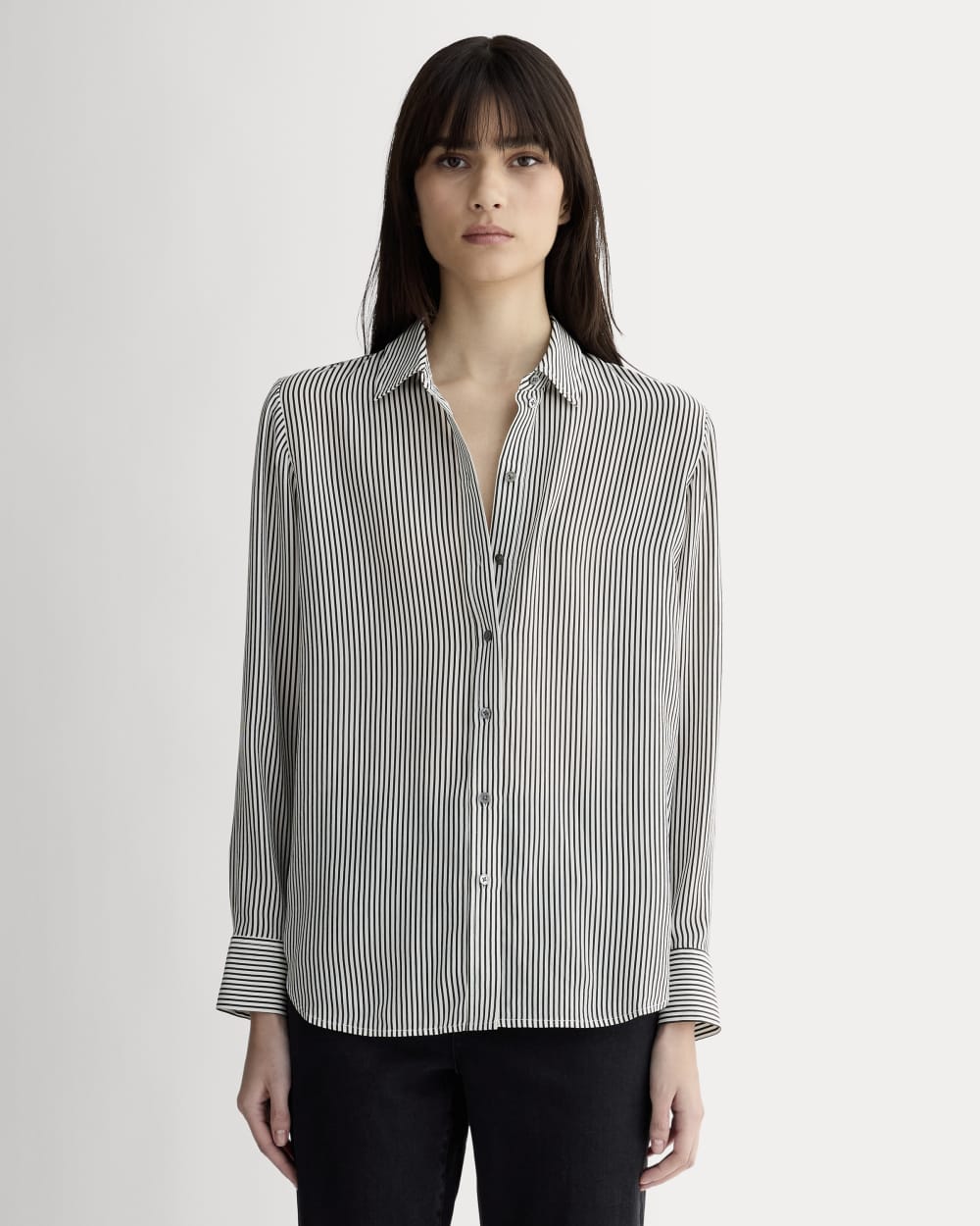 The Must-Have Shirt in Washable Silk in Black Micro Stripe — front view