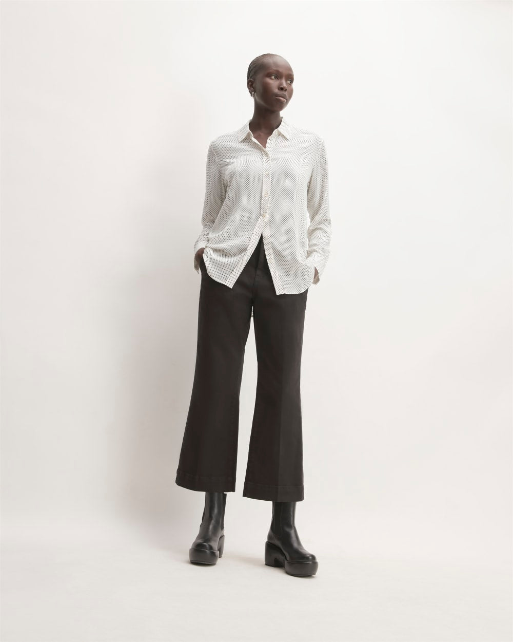 The Must-Have Shirt in Washable Silk in Bone / Black Polka Dot — detail view