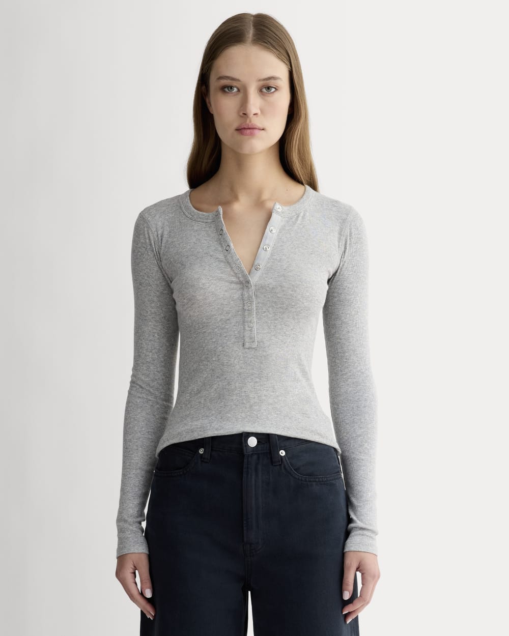 The Luxe Rib Henley in Heathered Grey — front view