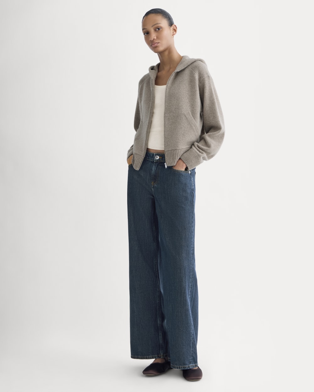 Full-Zip Hoodie in Wool Cashmere in Oatmeal — detail view