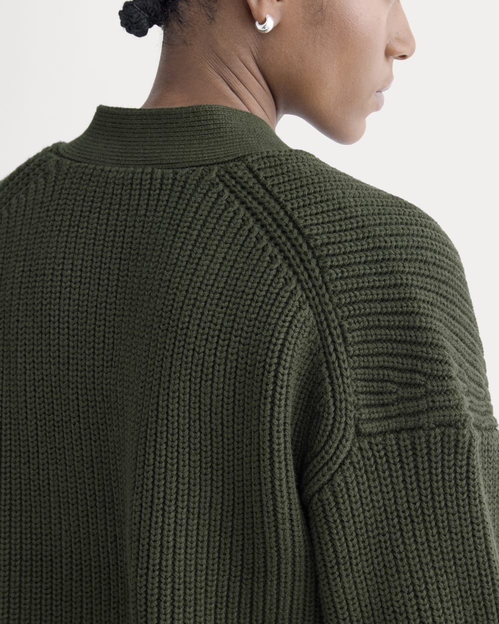 The Boxy Cardigan in Everyday Cotton in Dark Green — detail view
