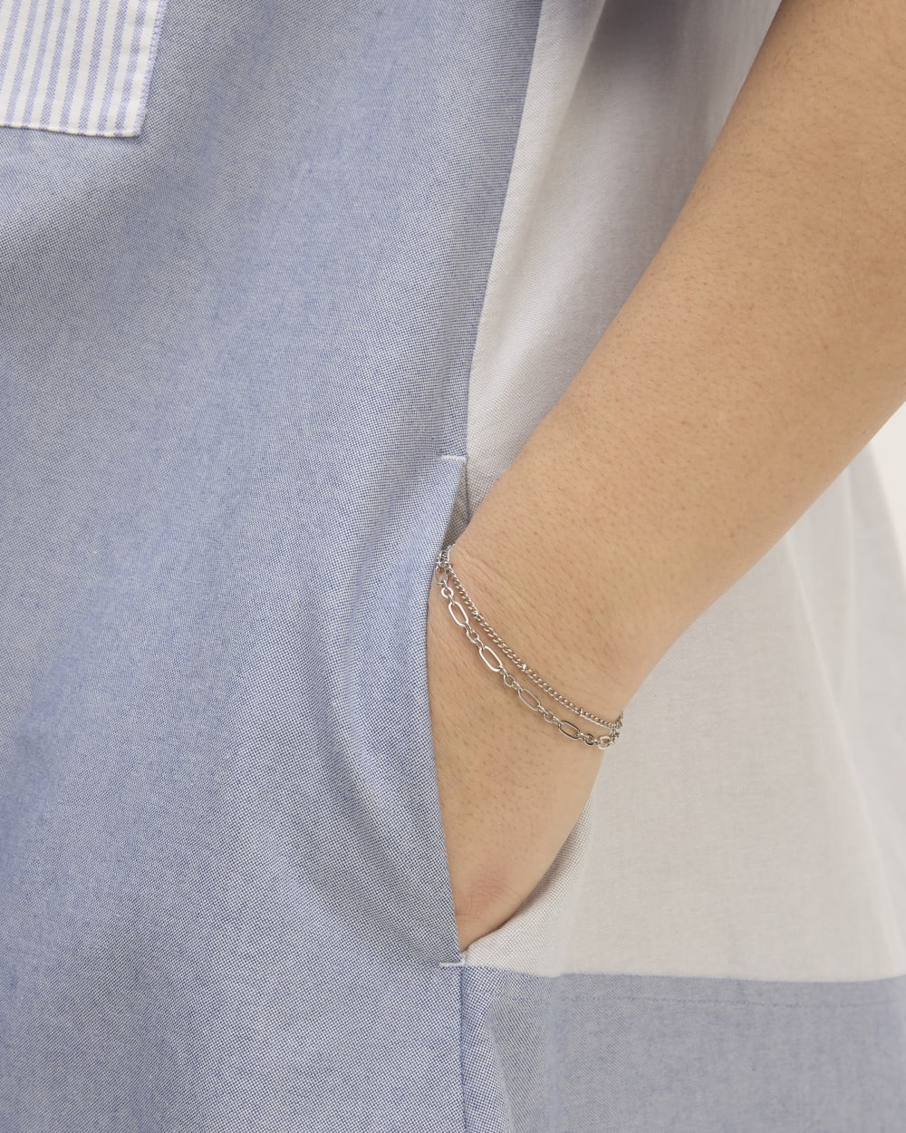 The Everlane x Marques' Almeida Patchwork Daytripper Dress in Blue Stripe Patchwork — detail view