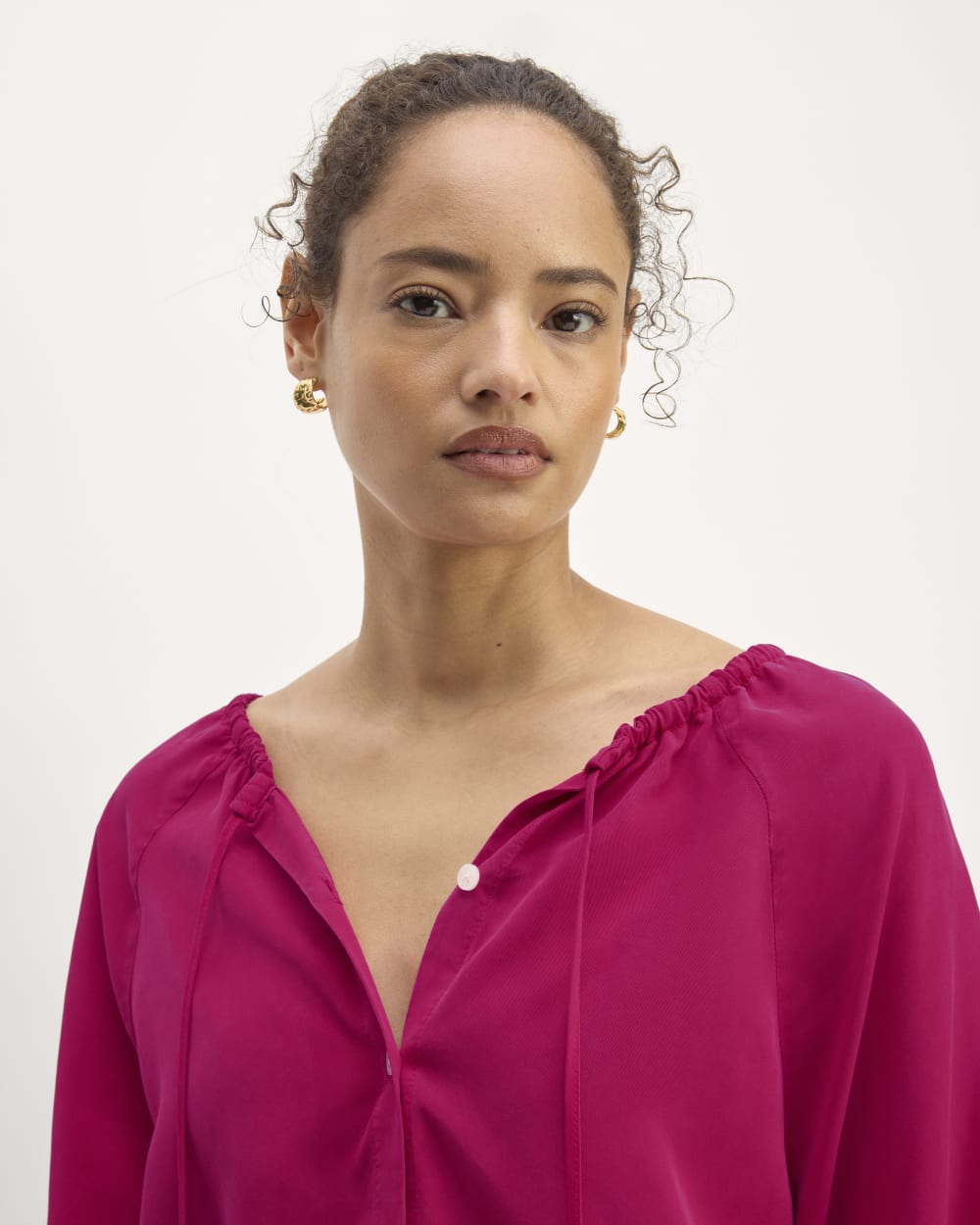 The Gathered Shirt in Butterlite in Red Currant — detail view