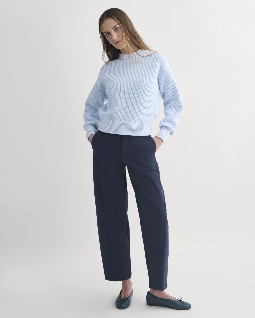 Twisted Seam Barrel Pant in Navy — front view
