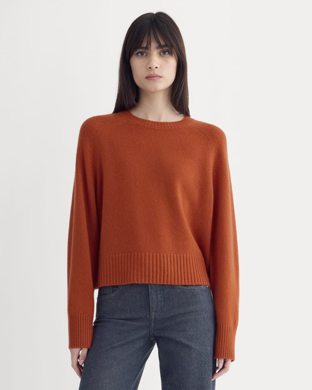 The Boxy Crew in Cashmere in Rust — front view