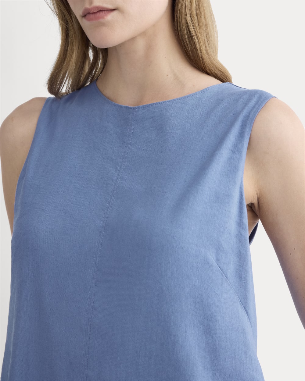 The Shift Dress in Stretch Linen in Bluebell — detail view