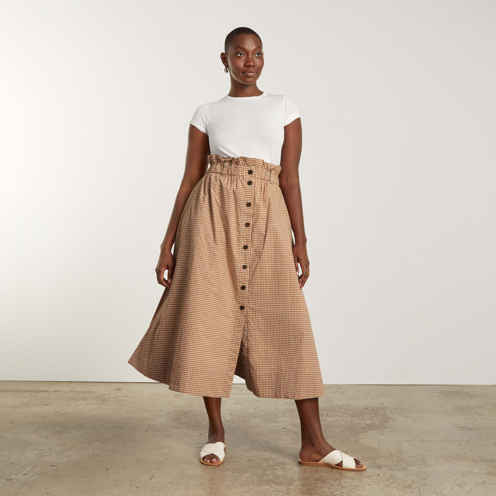 The Easy Button-Front Skirt in Burnt Orange Gingham — detail view