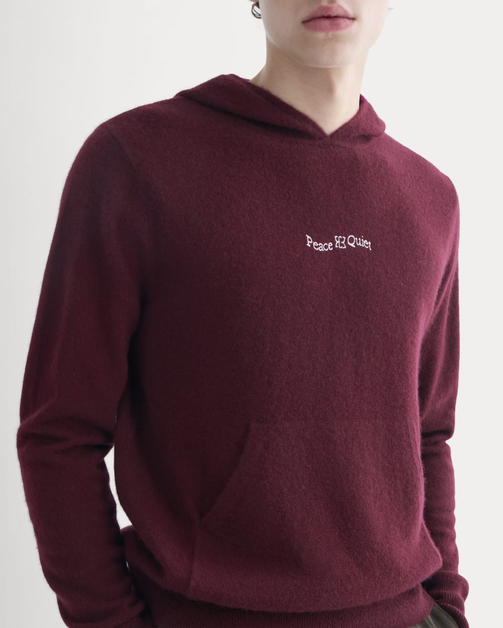 Everlane x Peace & Quiet Cashmere Hoodie in Wine — detail view