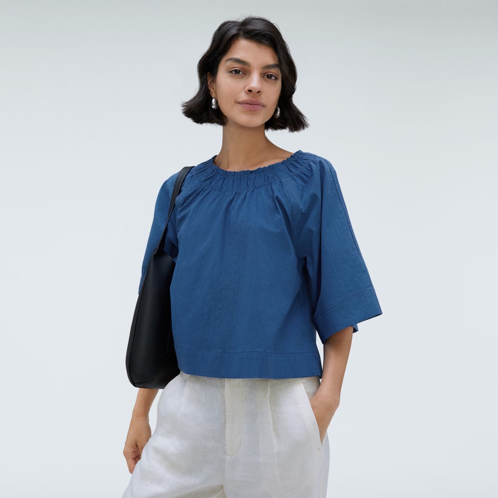 The Seersucker Gathered Tee in Deep Blue — detail view