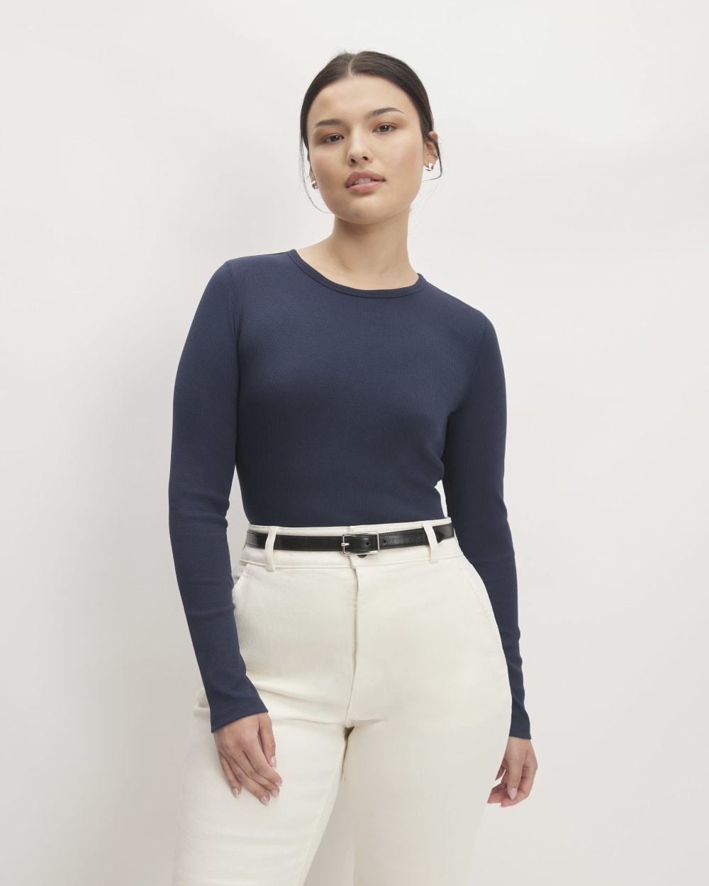 The Luxe Rib Long-Sleeve Crew in Navy — front view