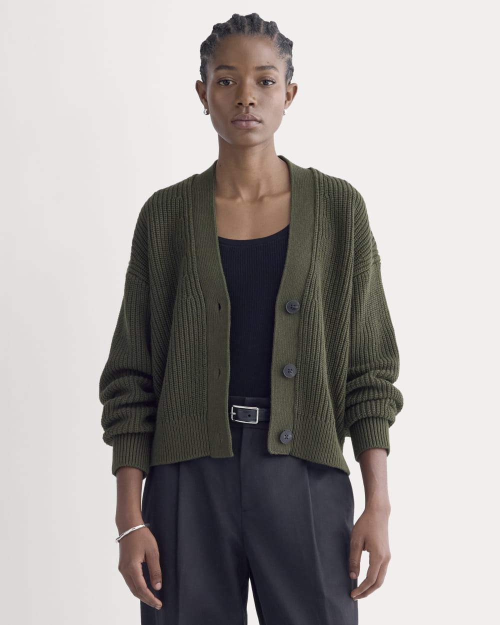 The Boxy Cardigan in Everyday Cotton in Dark Green — front view