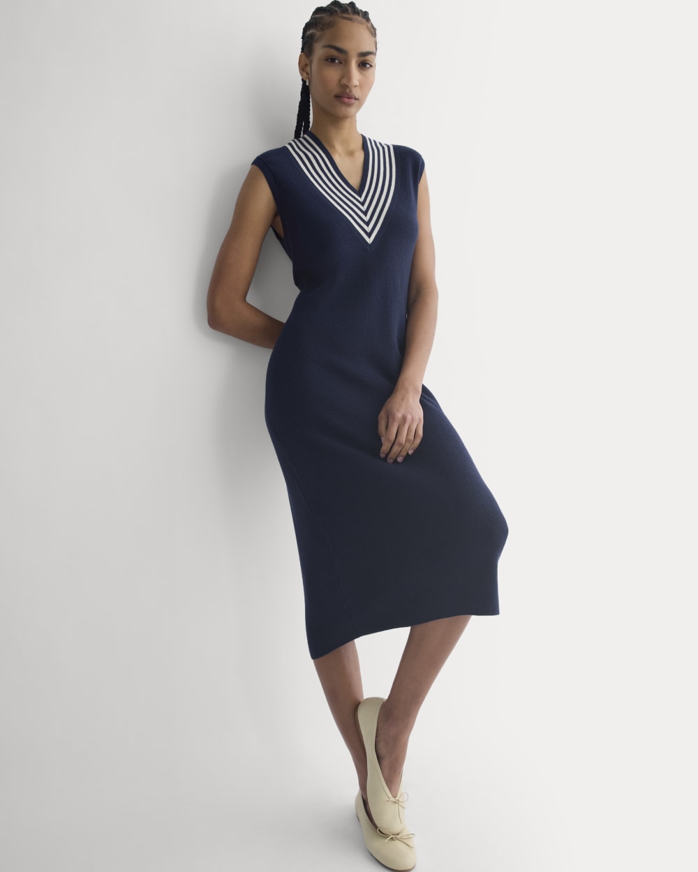 Relaxed V-Neck Midi Sweater Dress in Cotton Merino in Navy — front view