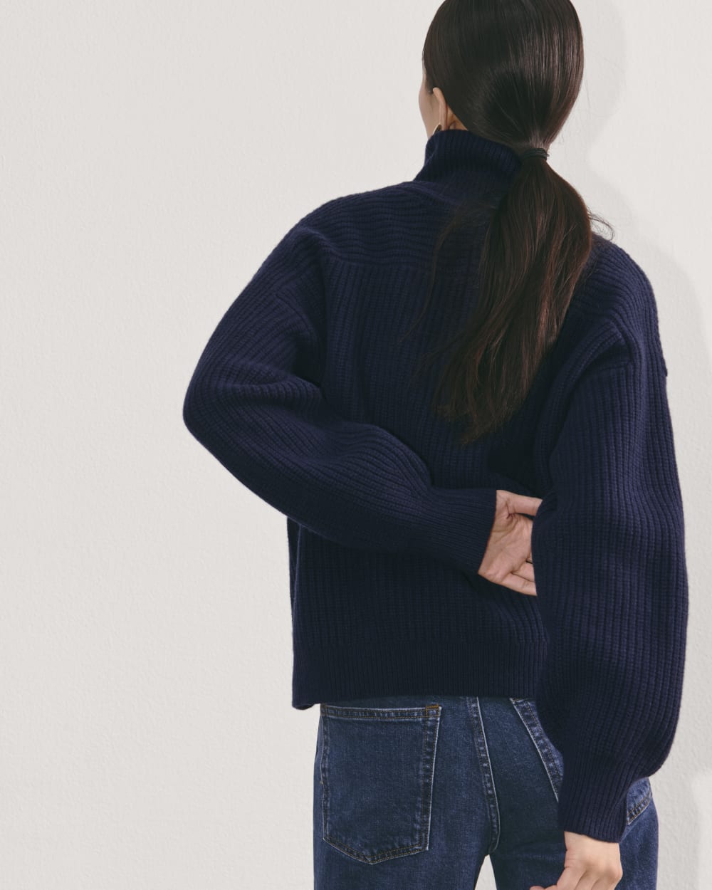 The Half-Zip Sweater in Luxe Merino in Navy — detail view