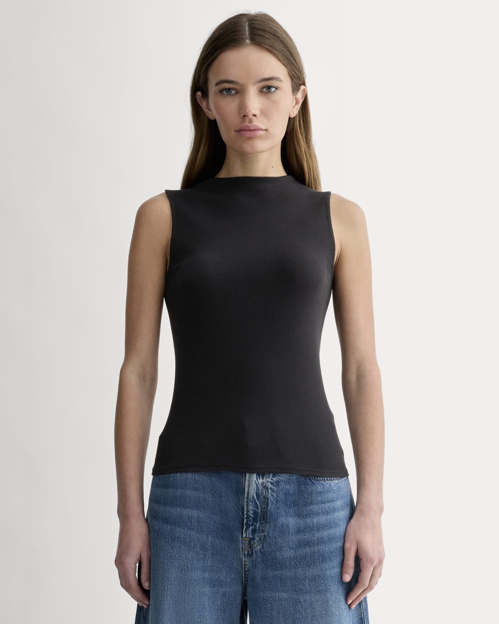 The Luxe Rib Funnel-Neck Tank in Black — front view