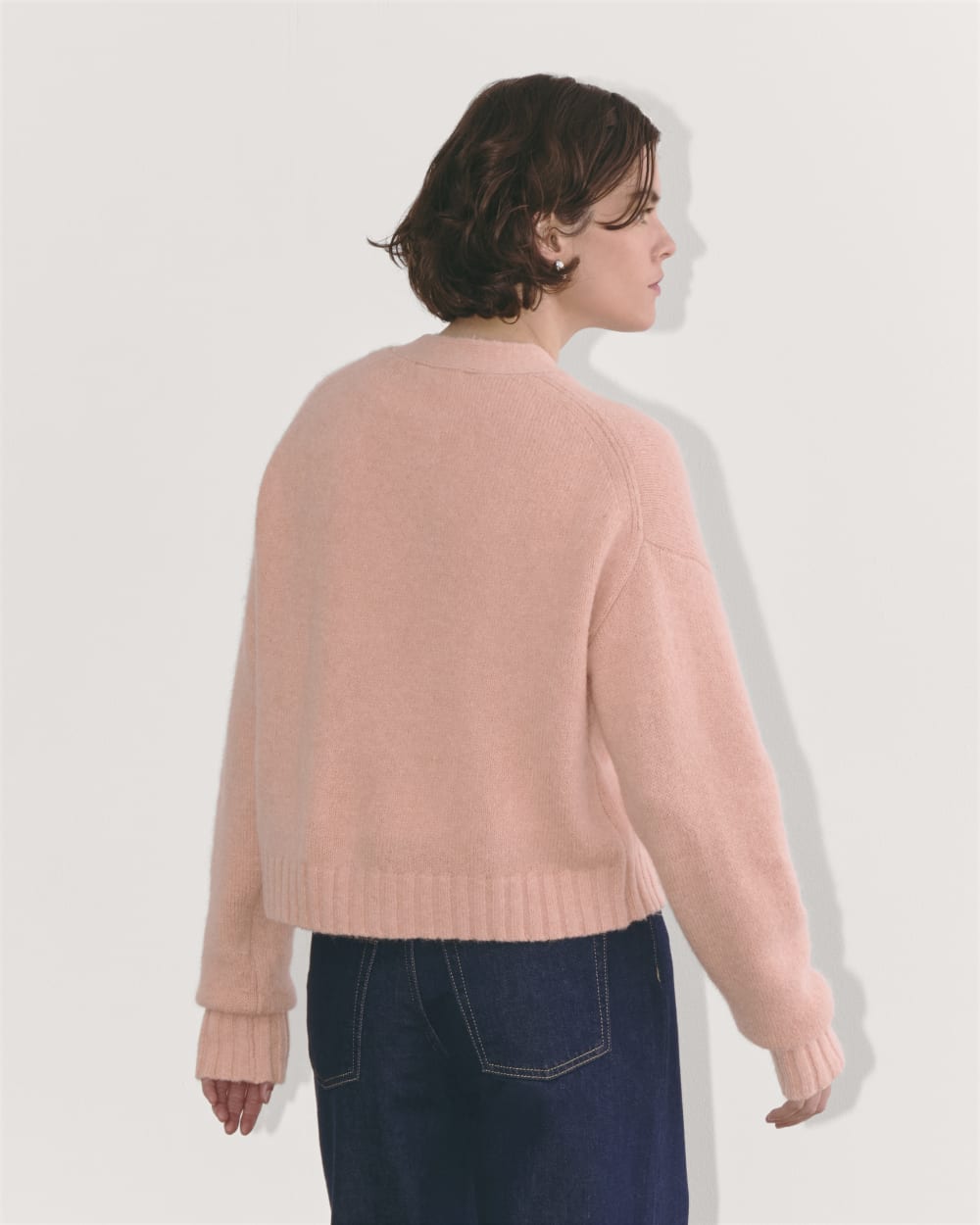 The Boxy Cardigan in Alpaca in Blush Pink — detail view