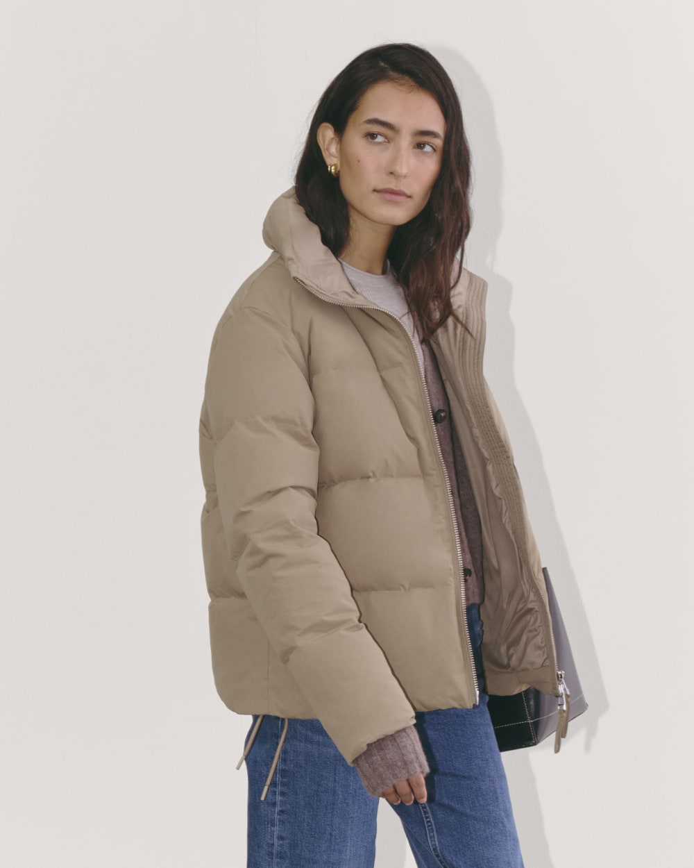 The Puffer Bomber in Taupe Grey — detail view