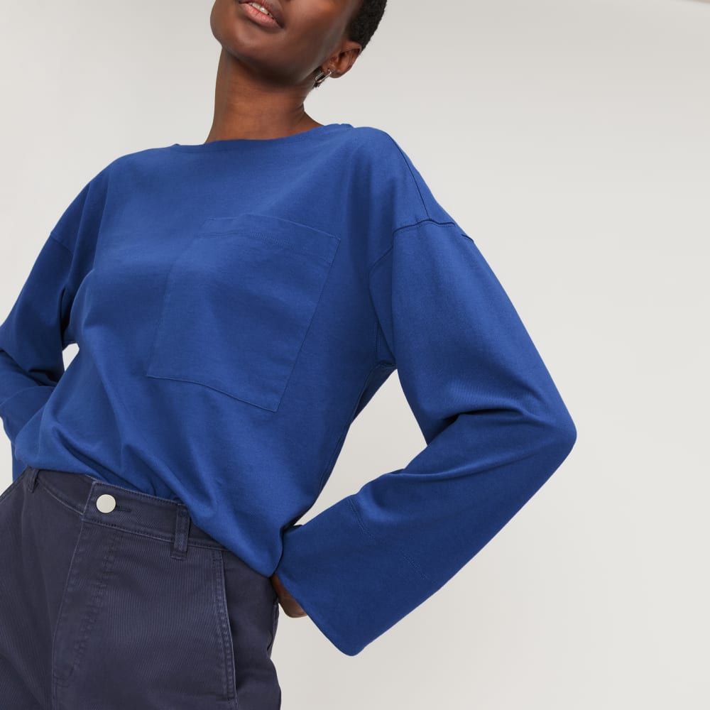 The Premium Weight Oversized Pocket Tee in Mazarine Blue — detail view