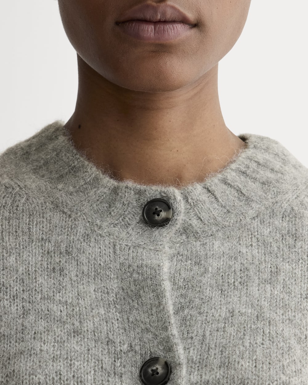The Crew Cardigan in Alpaca in Heather Stone Grey — detail view