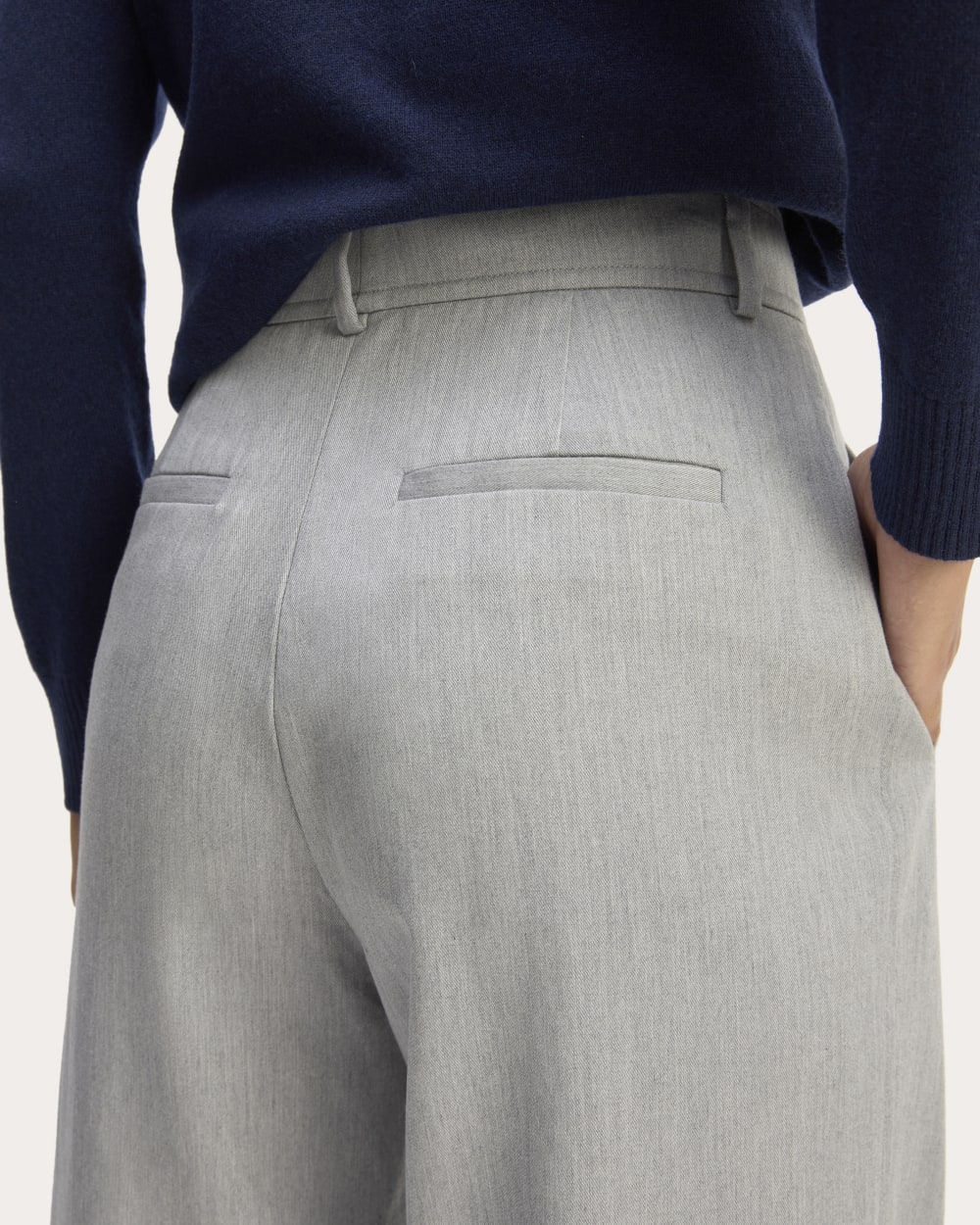The Draper Pleated Pant in Buttersmooth in Heather Steel — detail view