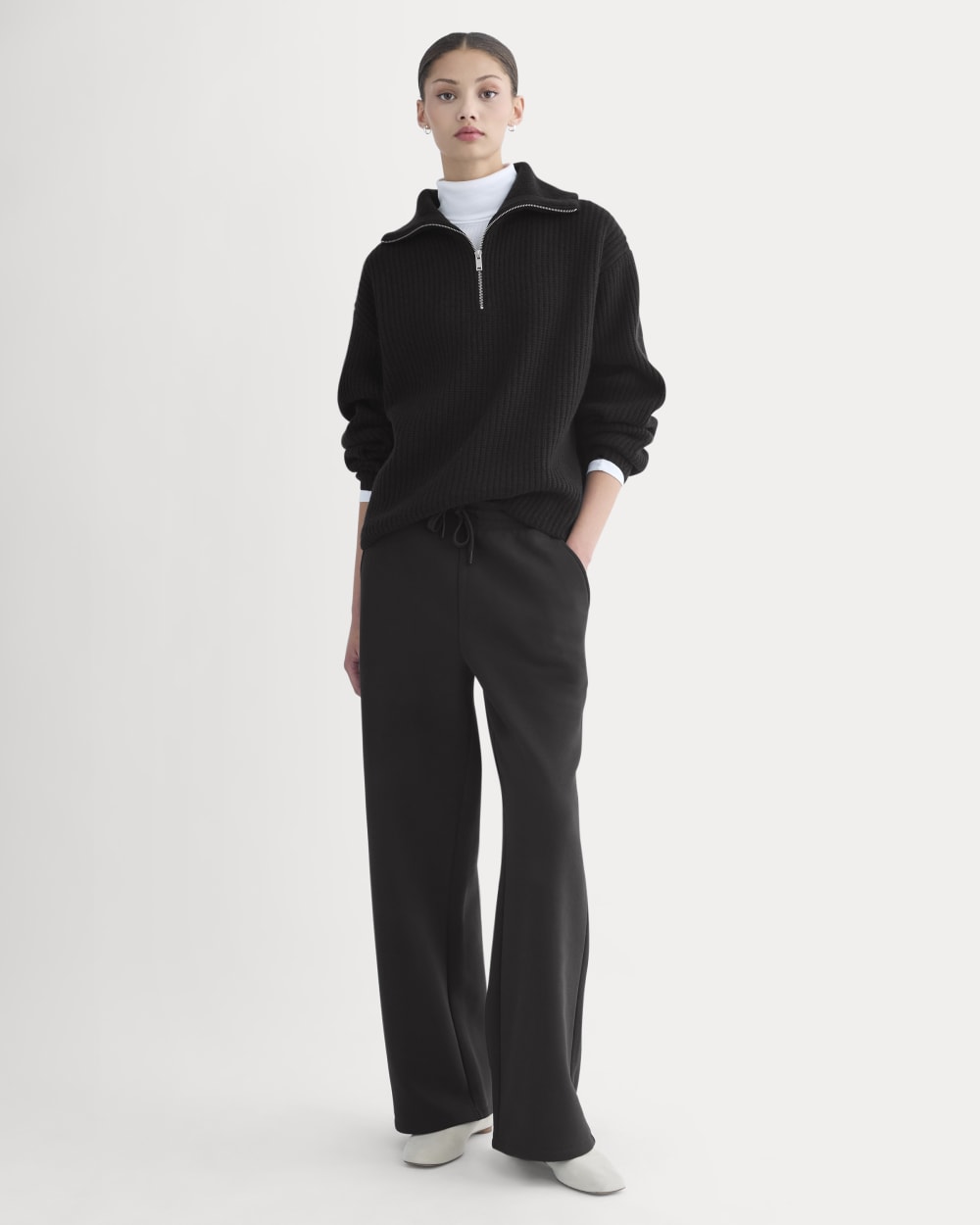 The Half-Zip Sweater in Luxe Merino in Black — detail view