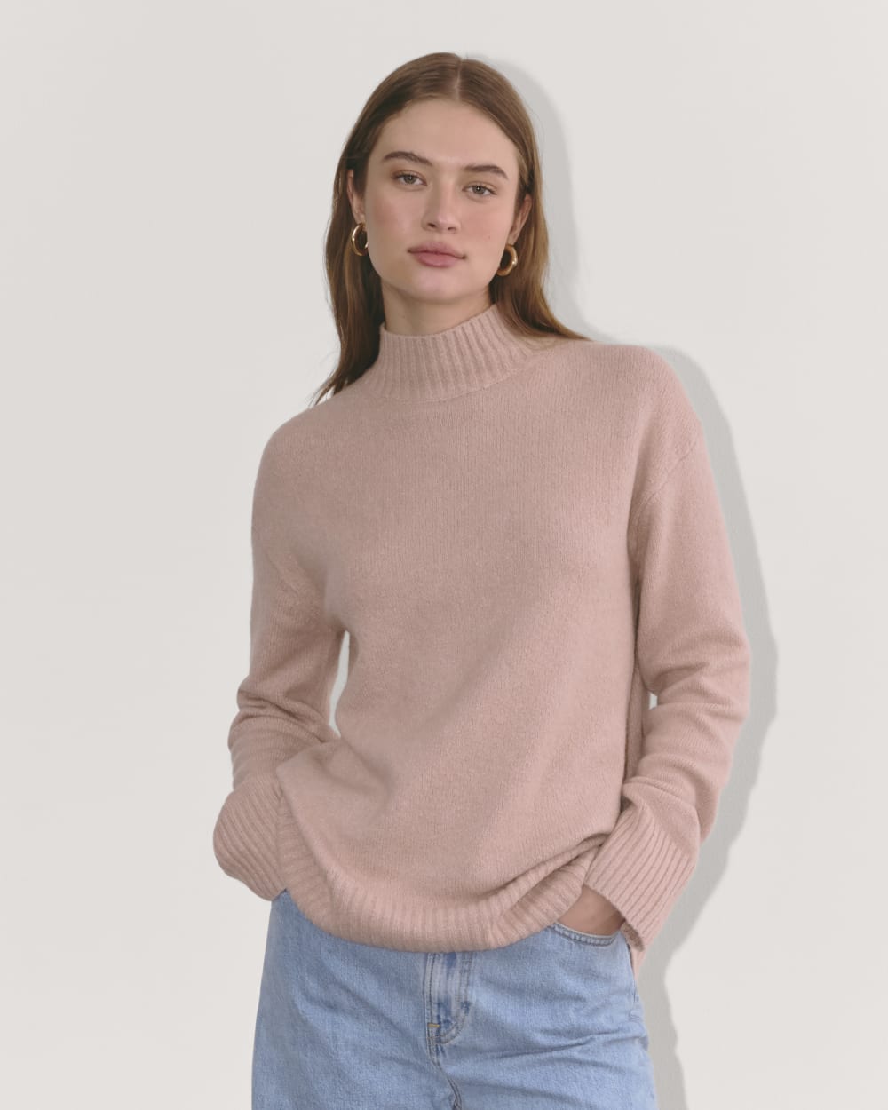 The Mockneck Sweater in Plush Cotton in Dusty Rose — front view