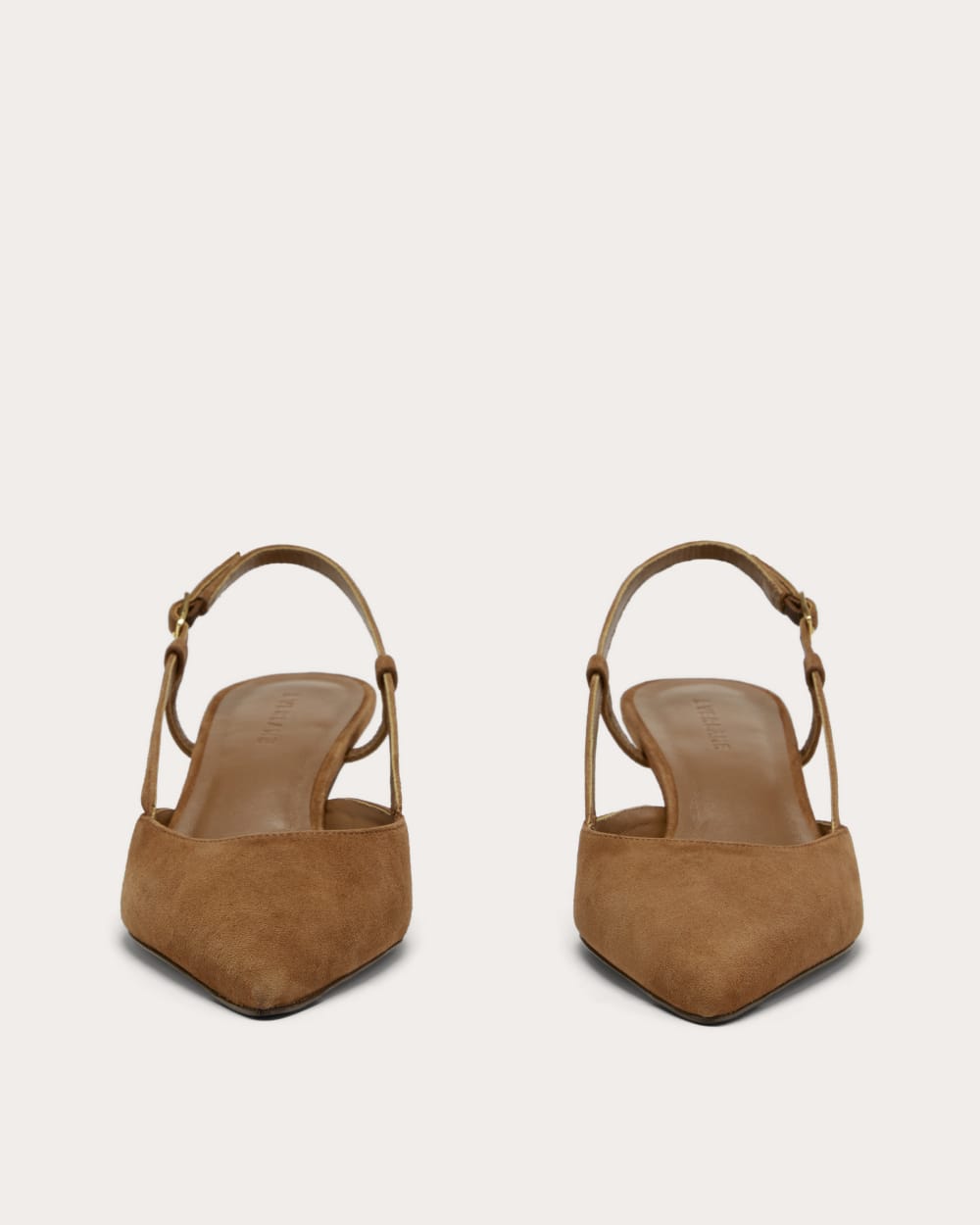 The Studio Slingback Heel in Saddle Brown Suede — detail view