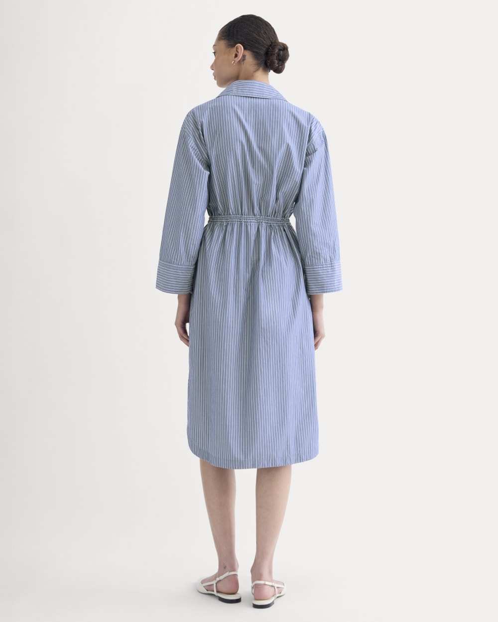 The Drawcord Shirtdress in Ultrasoft Cotton in Mazarine Blue / Optic White — detail view