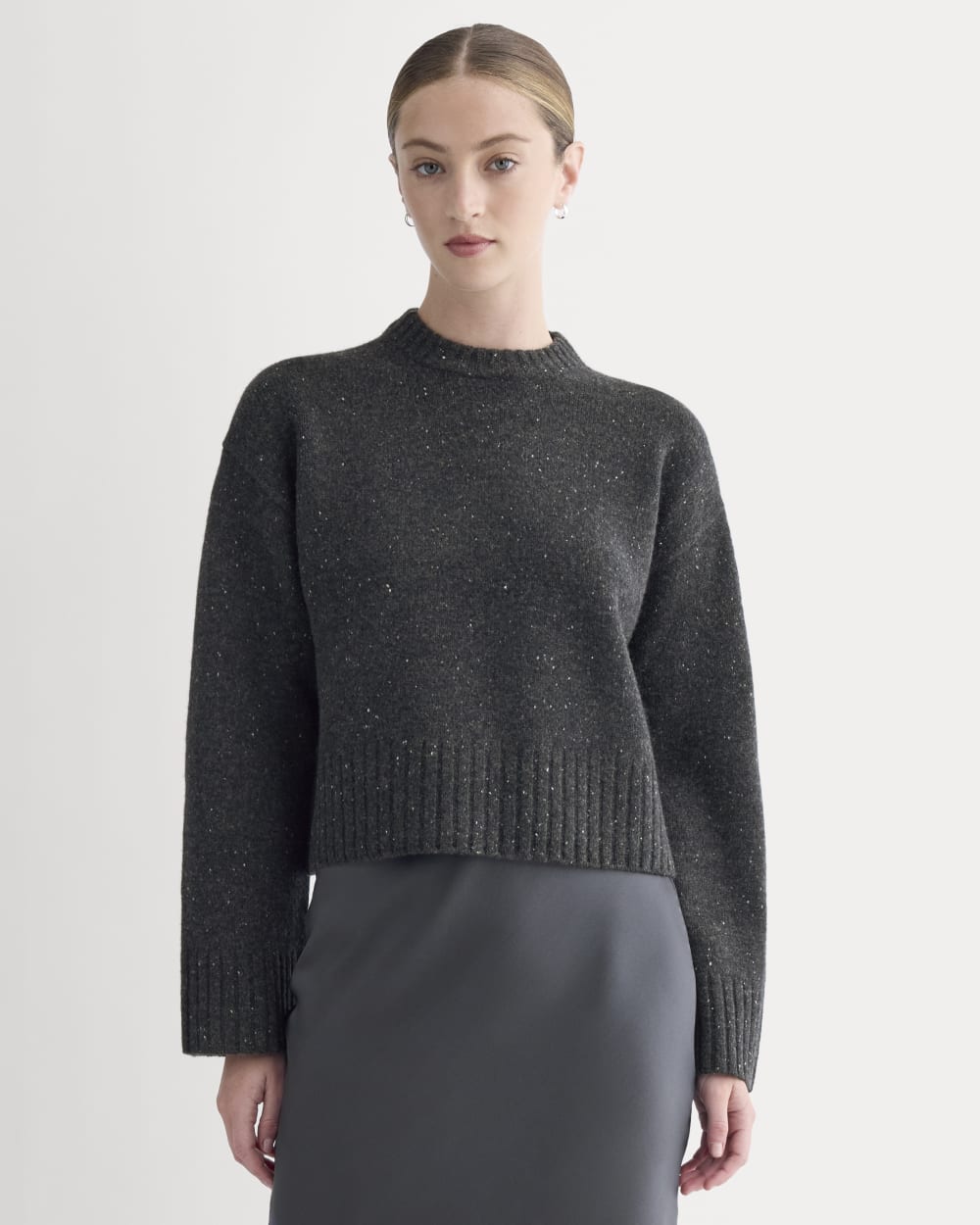Cropped Boxy Crew in Luxe Merino in Heathered Black Donegal — front view