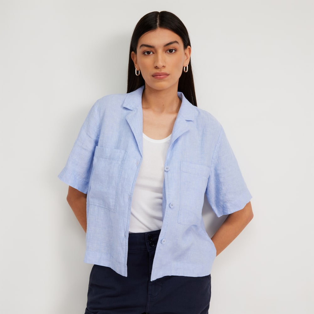 The Linen Workwear Shirt in Light Blue — front view