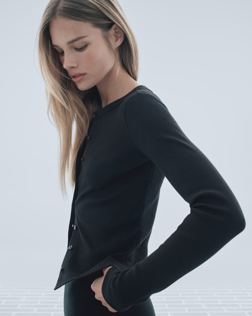 The Selfie Cardigan in Black — detail view