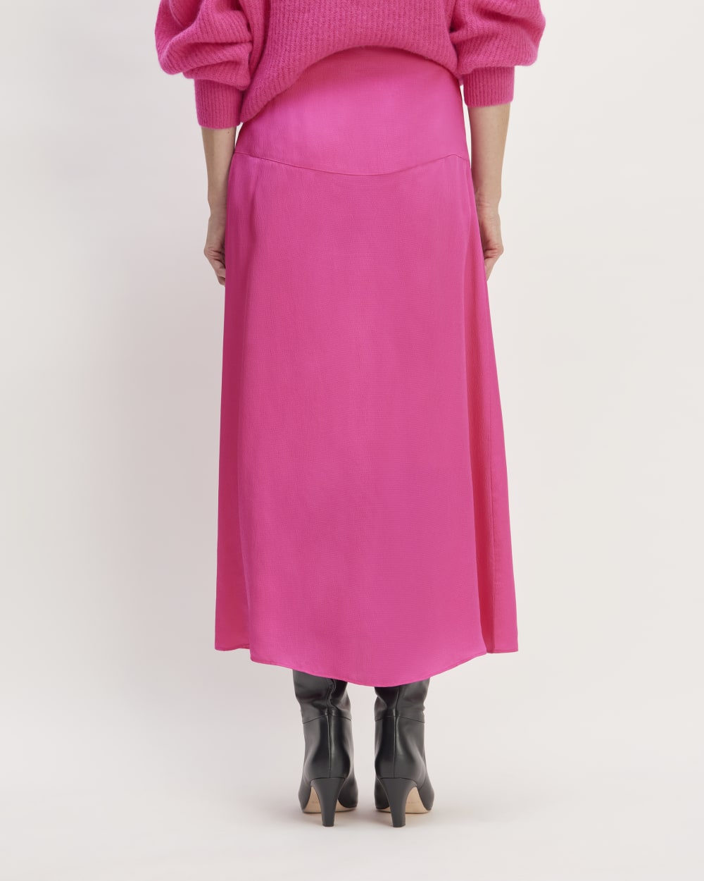 The Hammered Satin Slip Skirt in Fuchsia Pink — detail view