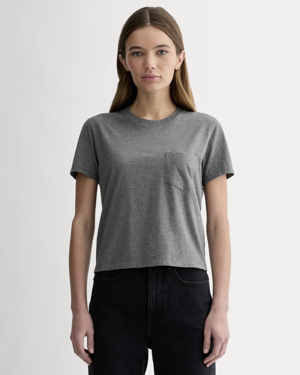 The Box-Cut Tee in Essential Cotton in Heathered Charcoal — front view