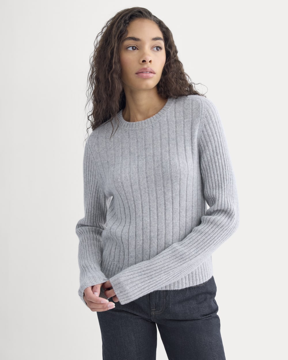 Mix Ribbed Crew in Cashmere in Light Heather Grey — front view
