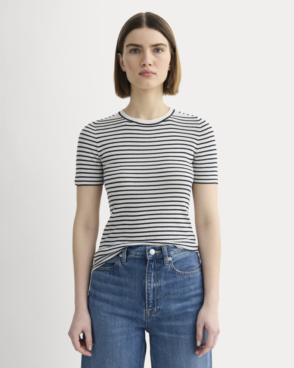 The Sweater Tee in Ultrasoft Merino in Bone/Navy — front view