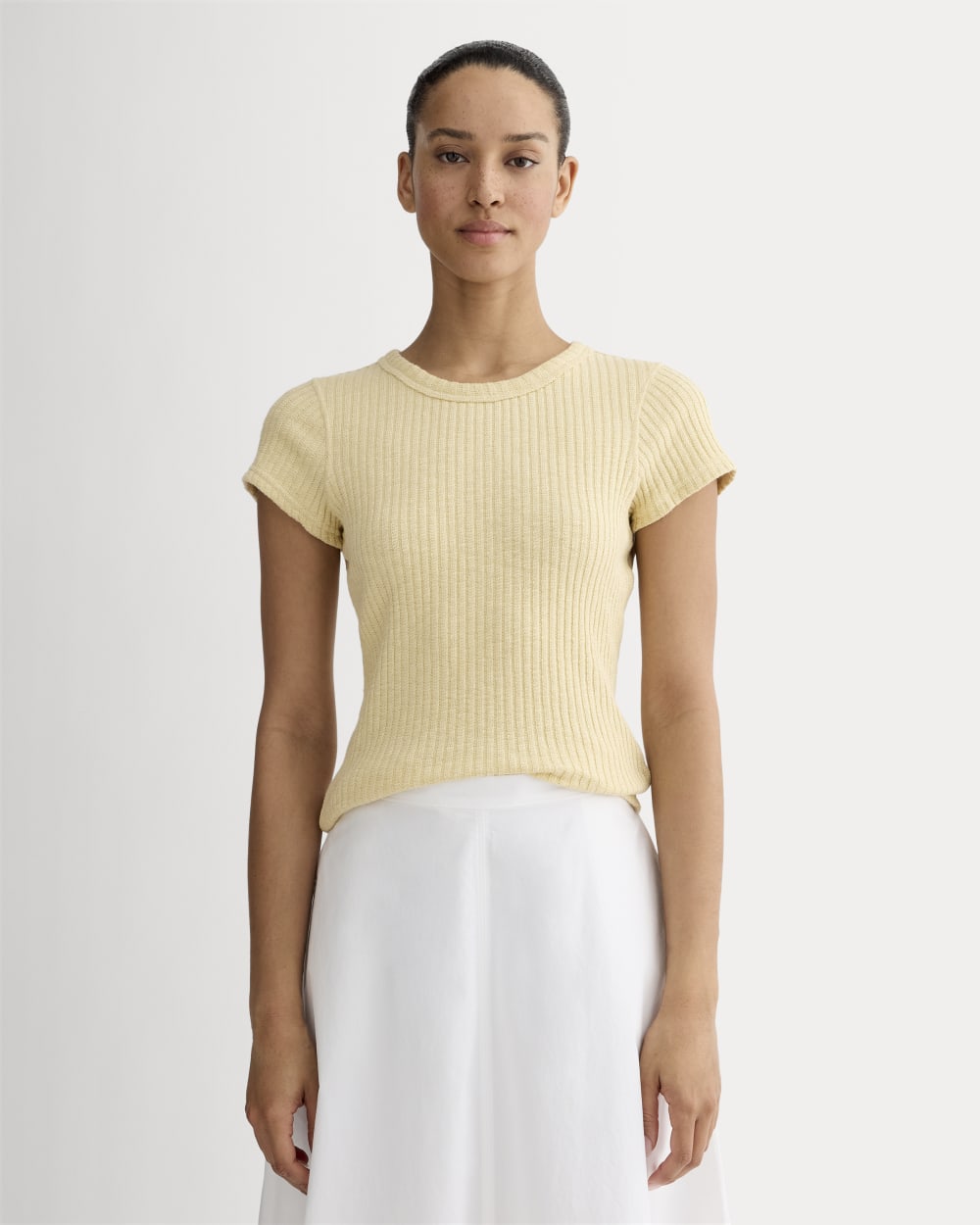 The Cozy Rib Tee in Banana Crepe — front view