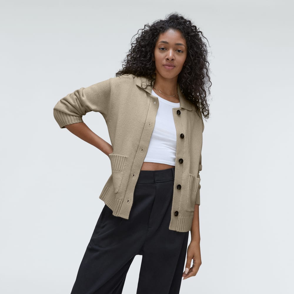 The Cotton Chore Sweater Jacket in Trench Coat Khaki — detail view