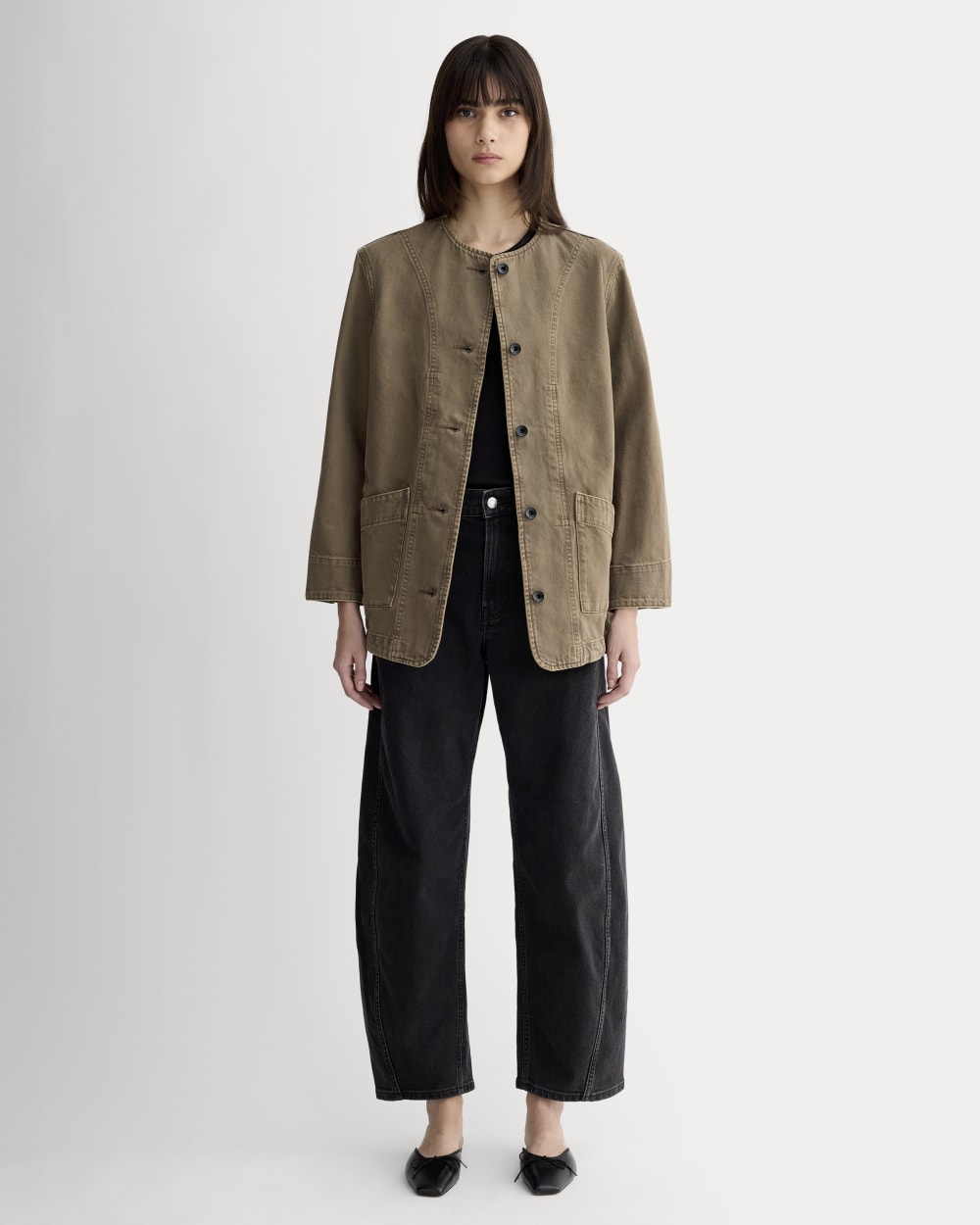 The Long Denim Barrel Jacket in Garment-Dyed Chocolate — detail view