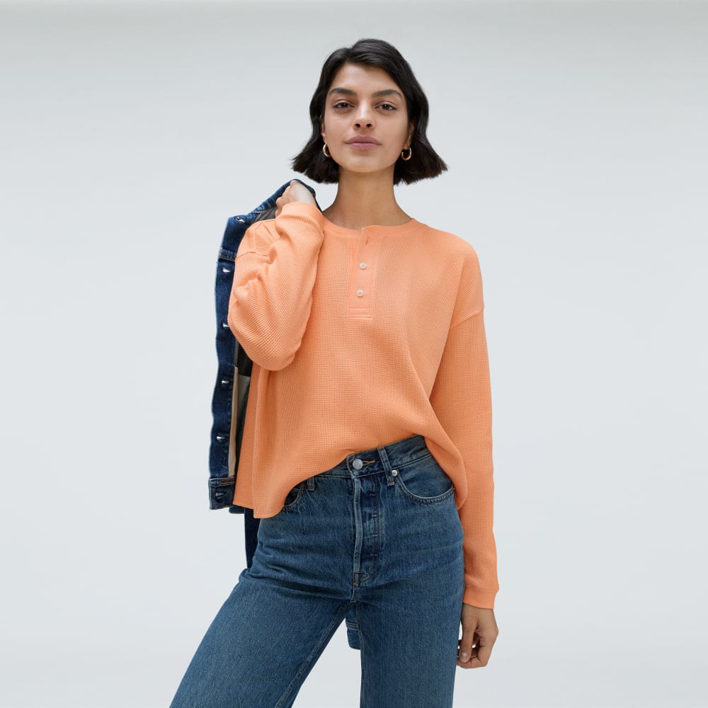 The Organic Cotton Waffle Henley in Orange Chiffon — detail view
