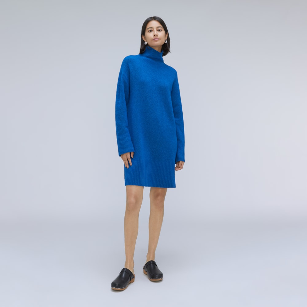 The Cozy Stretch Turtleneck Dress in Heathered Lapis Blue — detail view