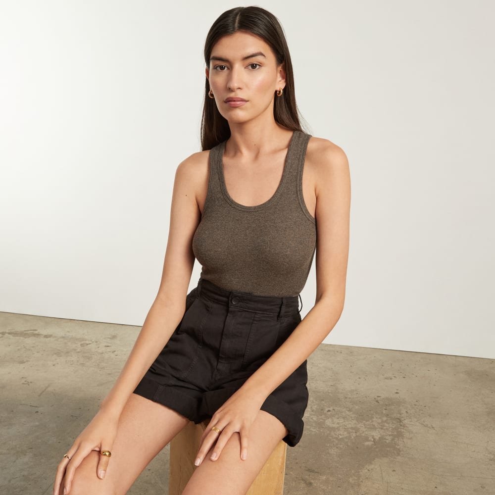 The Pima Micro-Rib U-neck Tank in Heathered Fatigue — detail view