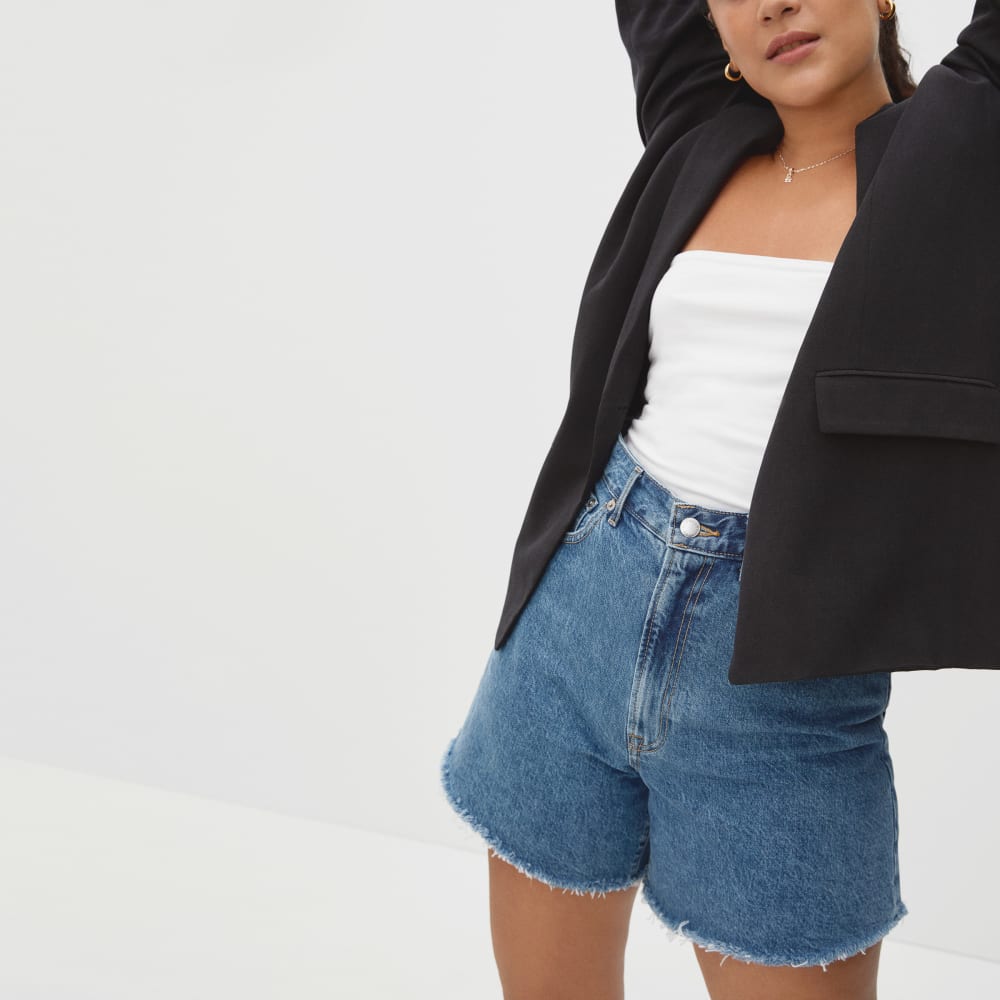 The A-Line Denim Short in Medium Indigo — detail view