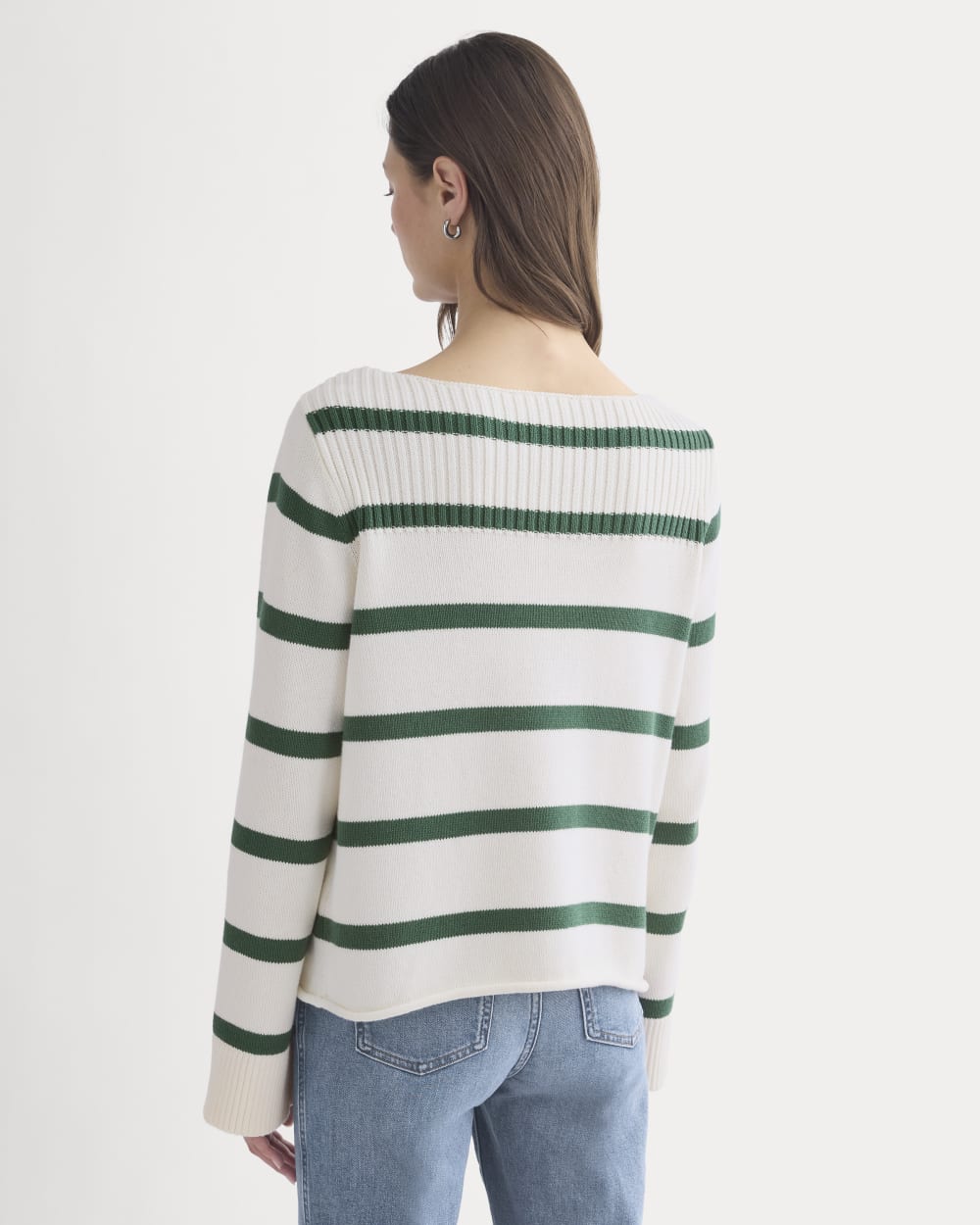 Striped Boatneck Sweater in Everyday Cotton in Hunter Green/Bone — detail view