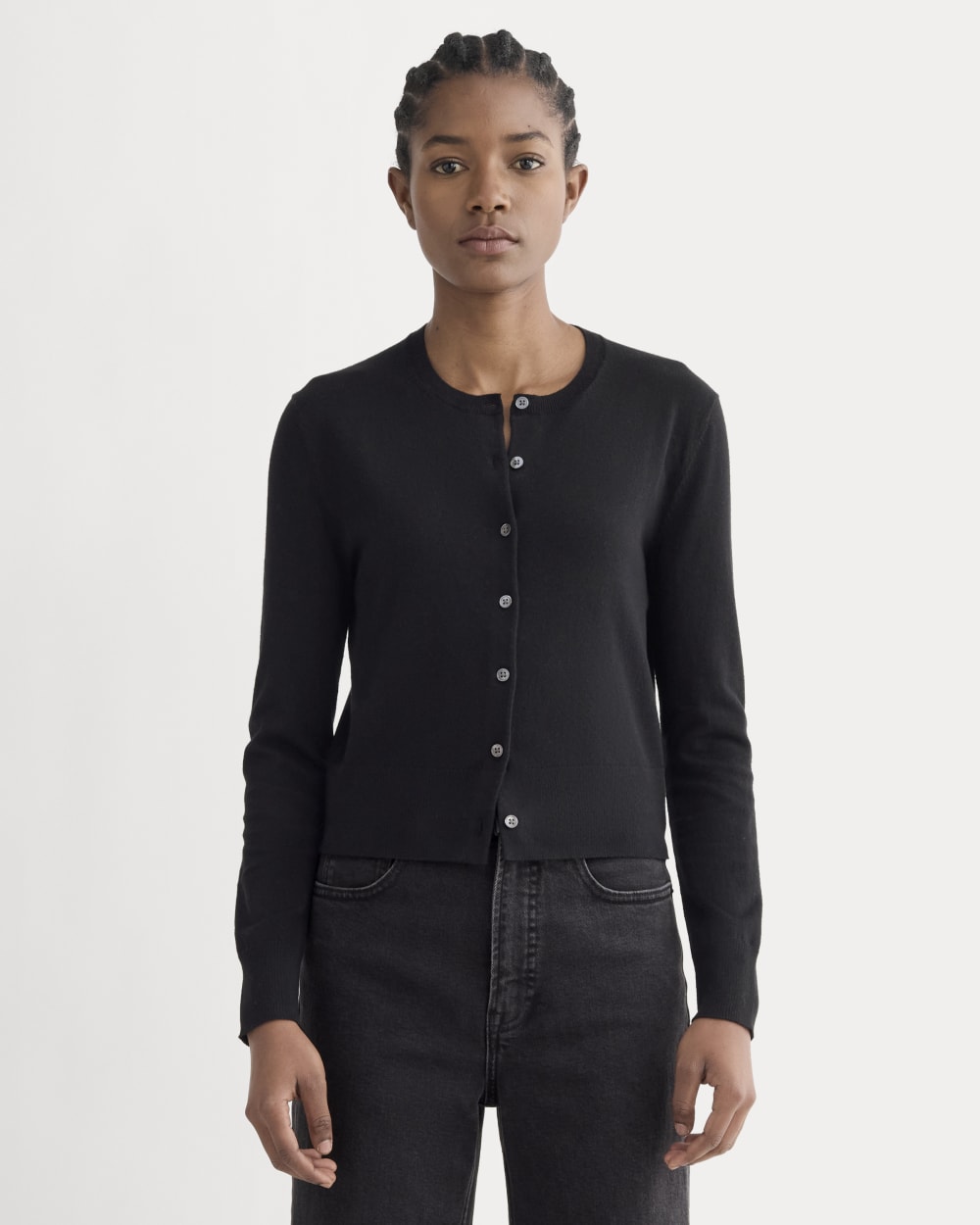 The Cropped Cardigan in Cotton Cashmere in Black — front view
