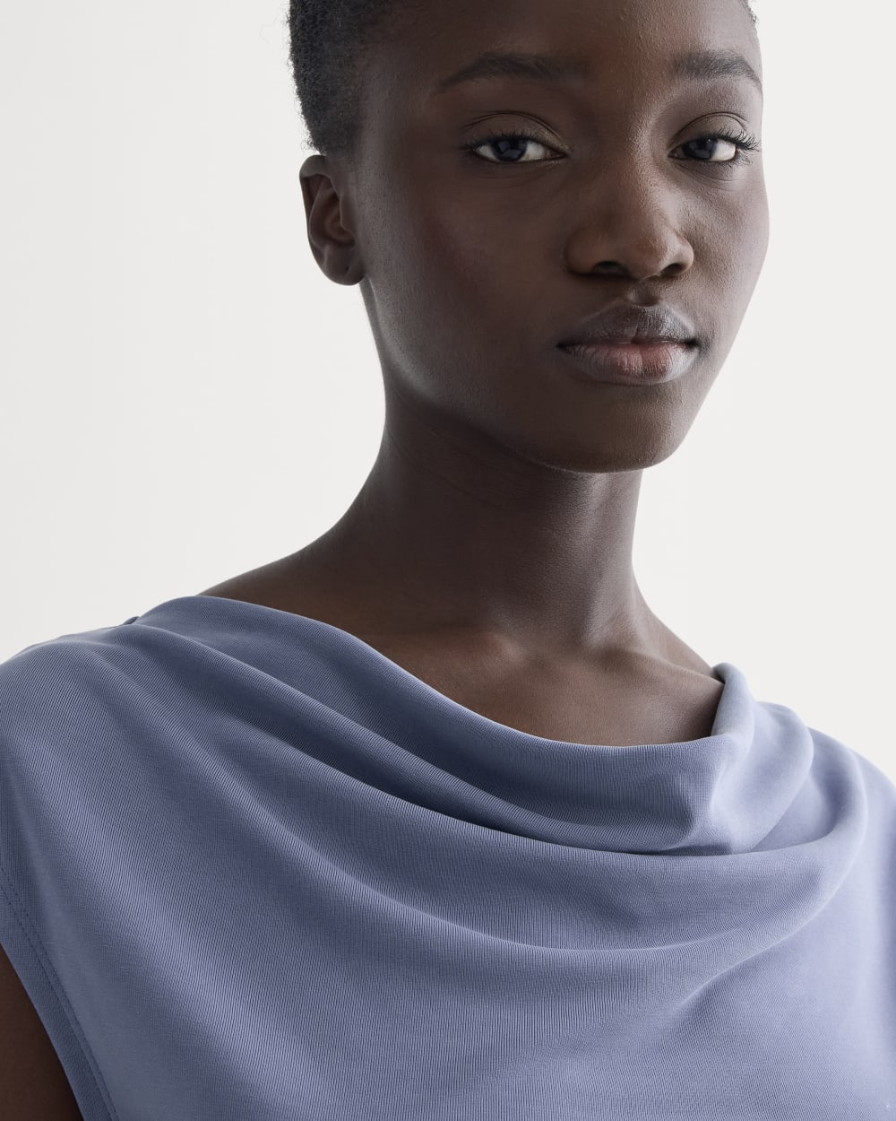 The Draped Top in Butterknit in Blue Dusk — detail view
