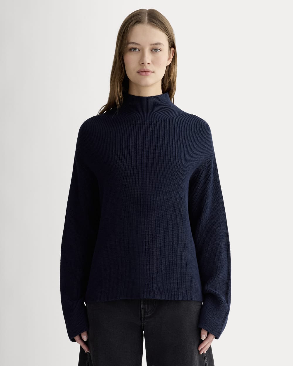 The Slouchy Funnel Neck in Everyday Cotton in Navy — front view