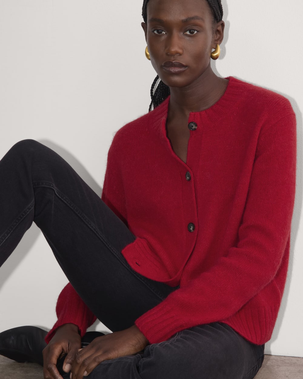 The Crew Cardigan in Alpaca in Berry Red — detail view