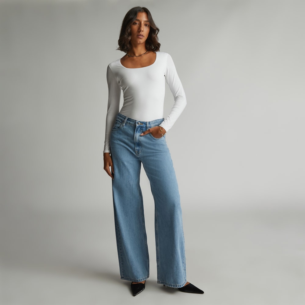 The Long-Sleeve Supima® Square-Neck Bodysuit in White — front view