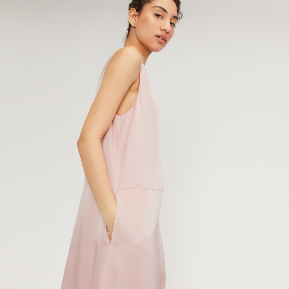 The Satin V-Neck Maxi Dress in Petal Pink — detail view